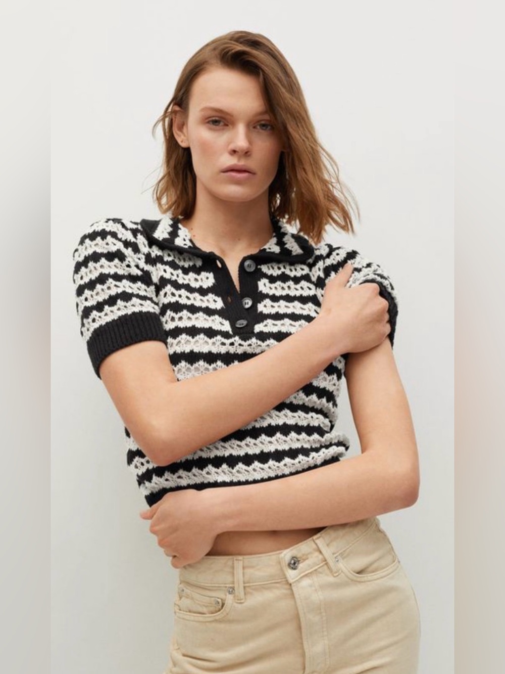 Mango openwork striped knit polo sweater